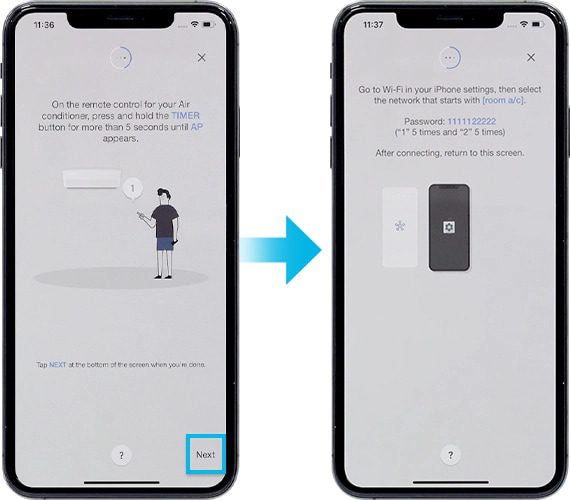 Nhấn và giữ nút Hẹn giờ trên điều khiển từ xa cho đến khi AP xuất hiện trên máy điều hòa không khí. Nhấn Tiếp theo trên màn hình