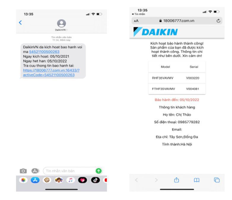 Thông báo kích hoạt bảo hành Daikin thành công
