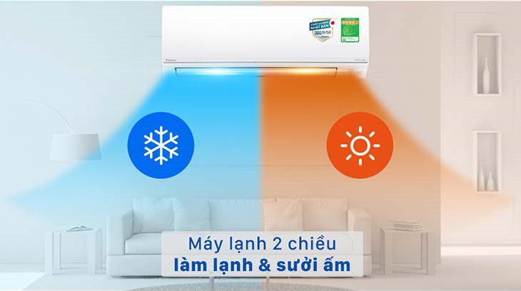 Máy lạnh 2 chiều Daikin Inverter 1 HP FTHF25VAVMV có khả năng sưởi ấm và làm lạnh