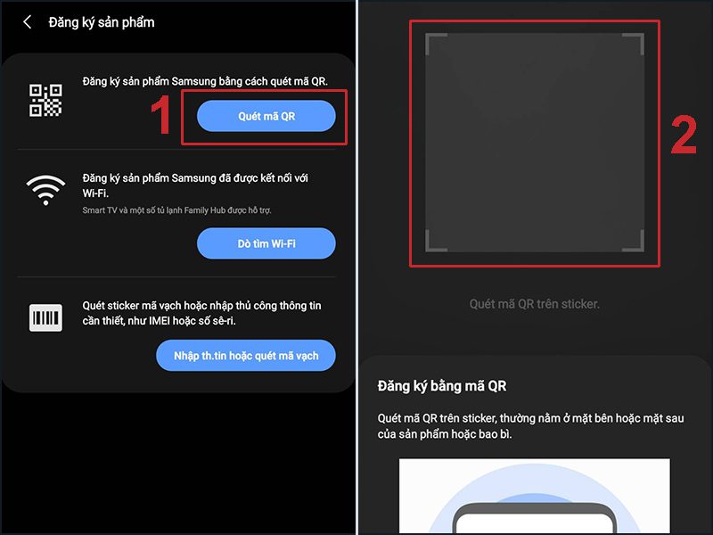 Quét mã QR trên hộp hoặc bao bì điện thoại của bạn Đăng ký bảo hành Samsung