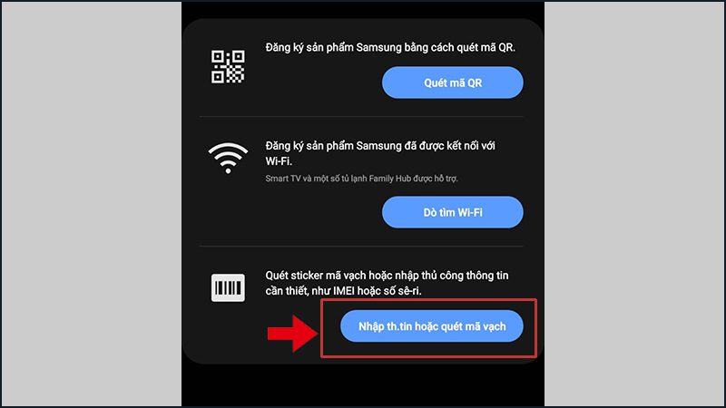 Bạn hãy lựa chọn mục cuối cùng trong 3 tùy chọn Đăng ký bảo hành Samsung