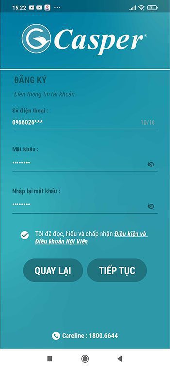 Nhập thông tin đăng ký tài khoản Casper
