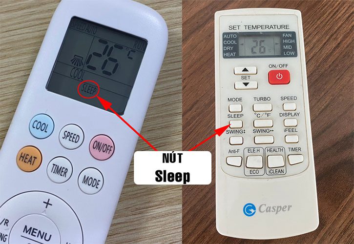 Vị trí nút SLEEP trên điều khiển điều hòa Casper