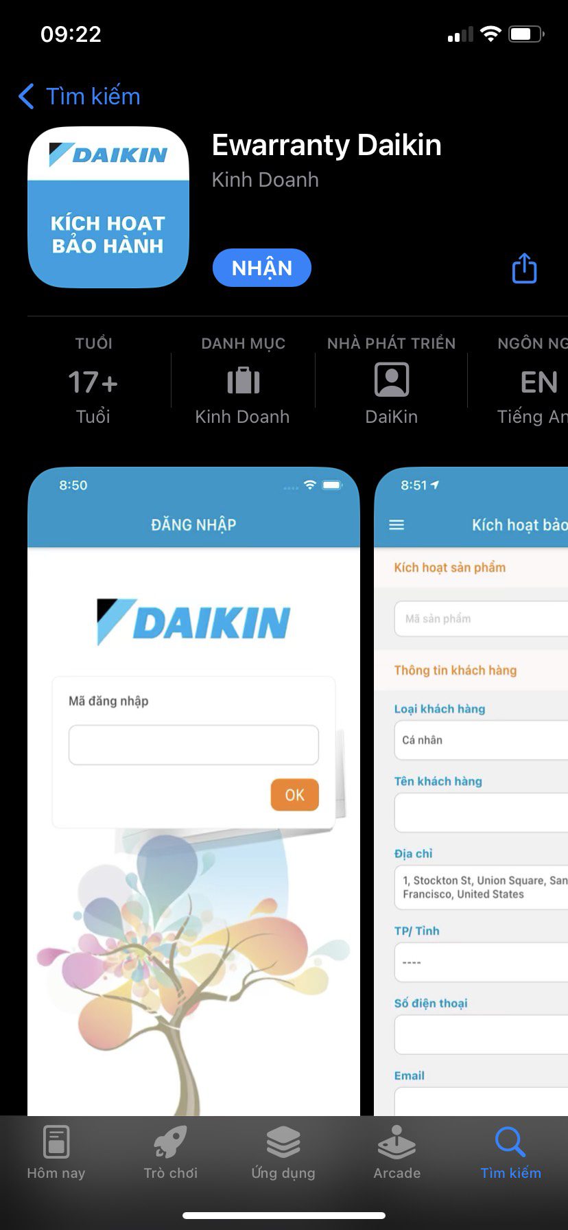 Tải app Ewarranty Daikin