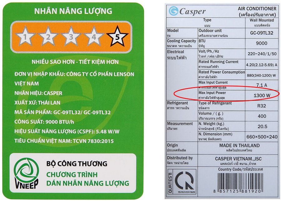 công suất tiêu thụ máy lạnh 9000BTU
