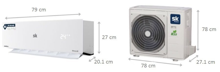 kích thước điều hòa Sumikura 12000BTU APS/APO-H120/Morandi