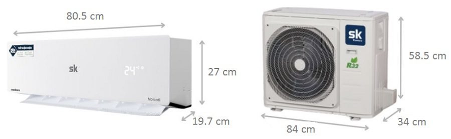 Kích thước điều hòa Sumikura 12000BTU APS/APO-120 Morandi