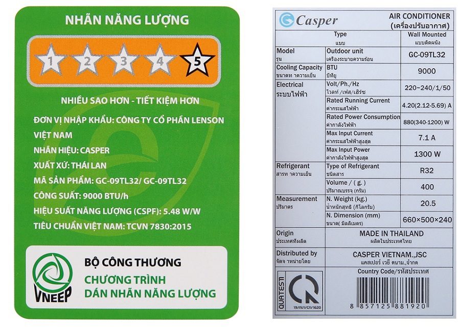 Công suất tiêu thụ của điều hòa Casper 9000BTU