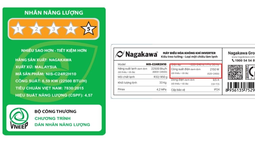 Công suất tiêu thụ của điều hòa Nagakawa 24000BTU
