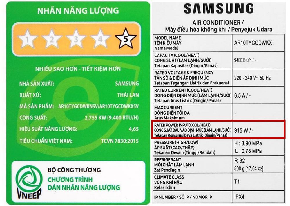 Công Suất Tiêu Thụ điện điều Hòa Samsung 9000 Btu