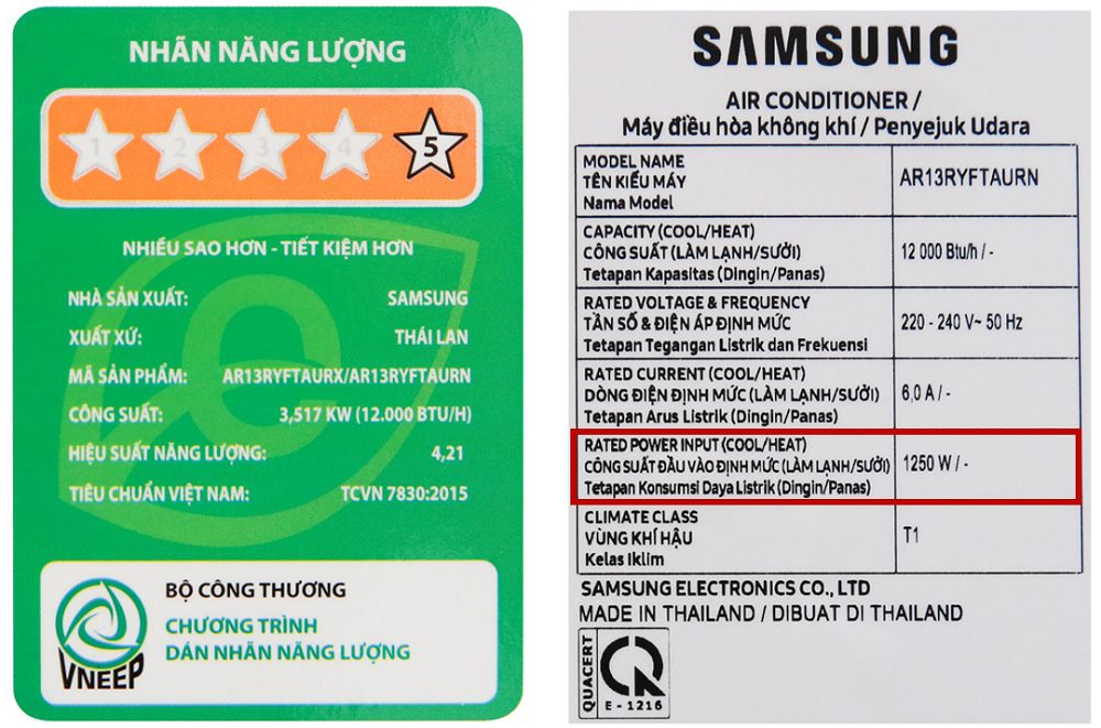 Công Suất Tiêu Thụ điều Hòa Samsung 12000 Btu