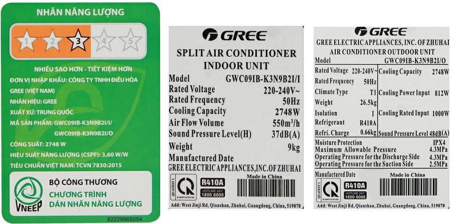 Công suất tiêu thụ của điều hòa Gree 9000BTU