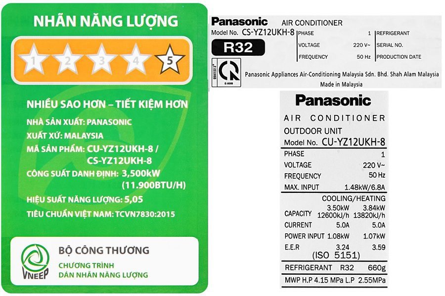 Nhãn năng lượng điều hòa Panasonic 12000BTU CU/CS-YZ12UKH-8