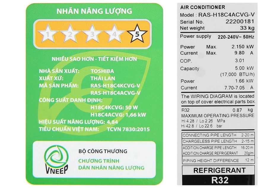 Công suất tiêu thụ của điều hòa Toshiba 18000BTU