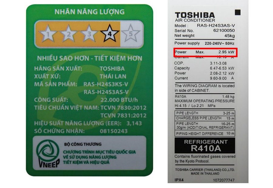 Công suất tiêu thụ của điều hòa Toshiba 24000BTU