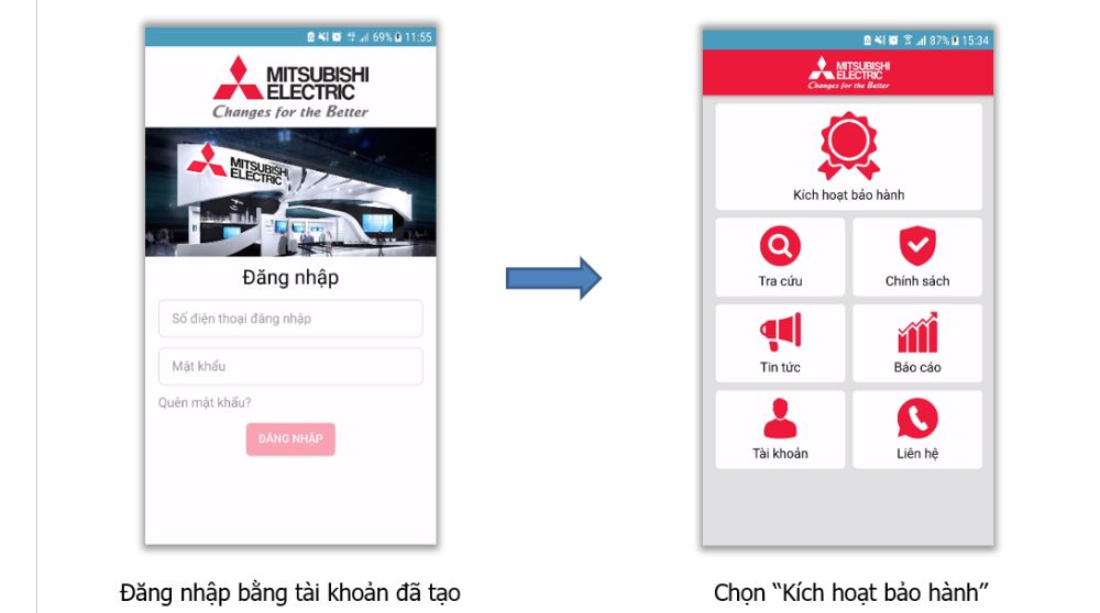 Kích hoạt bảo hành điện tử Mitsubishi Electric qua app