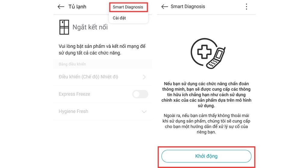 Khởi động Smart Diagnosis tủ lạnh LG trên điện thoại