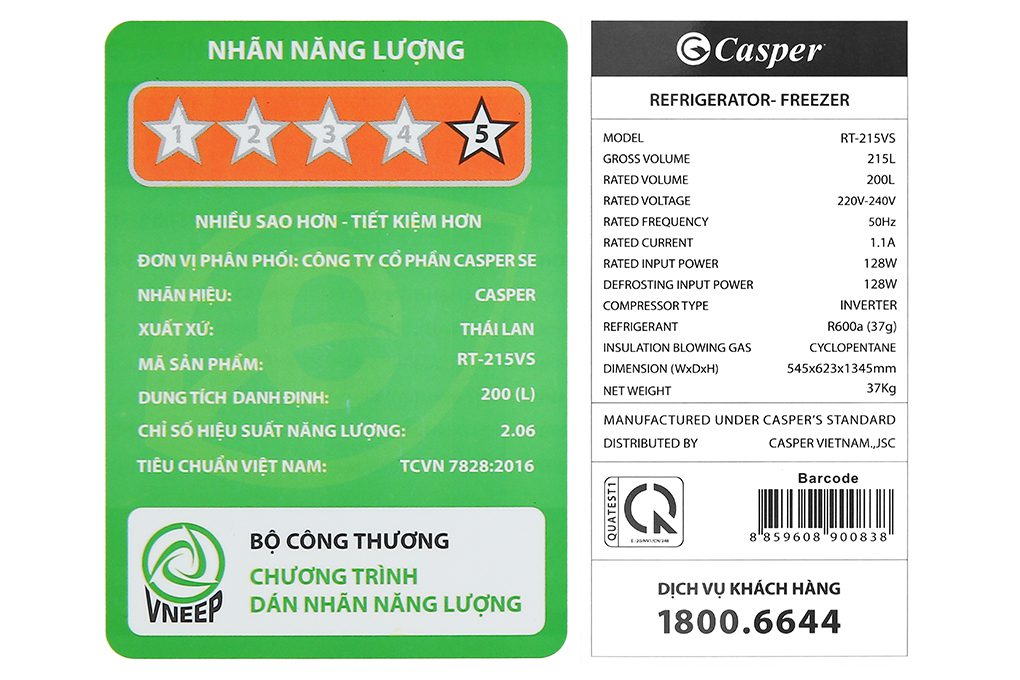Tủ lạnh Casper Inverter 200 lít RT-215VS