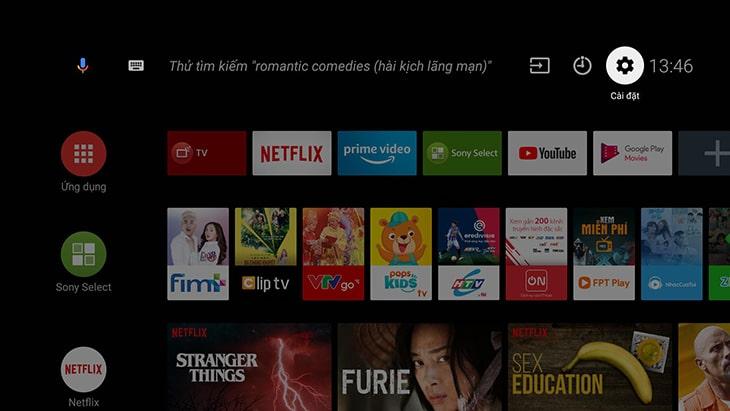 vào mục cài đặt với androi tivi 2019