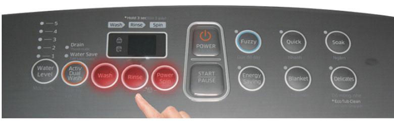 Nhấn nút "Wash" (Giặt)/"Rinse" (Xả)/"Spin" (Vắt) để kích hoạt chương trình riêng