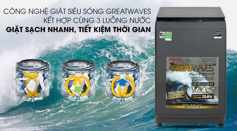 Toshiba AW-DUK1150HV (MG) giặt sạch nhanh, cùng công nghệ Greatwaves kết hợp 3 luồng nước