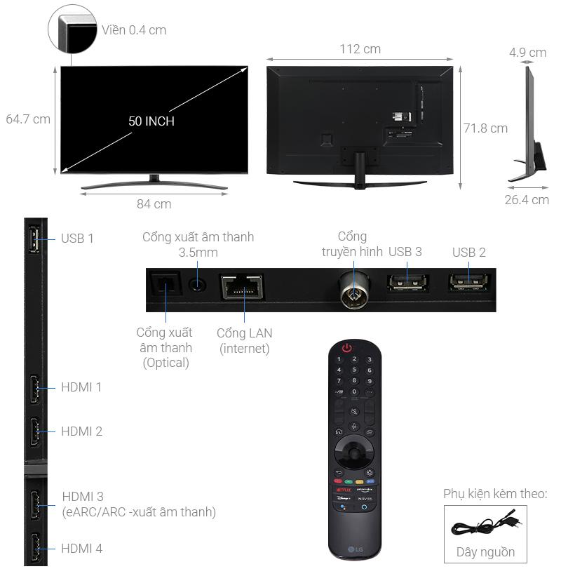 Kích thước tivi 50 inch LG bao nhiêu cm