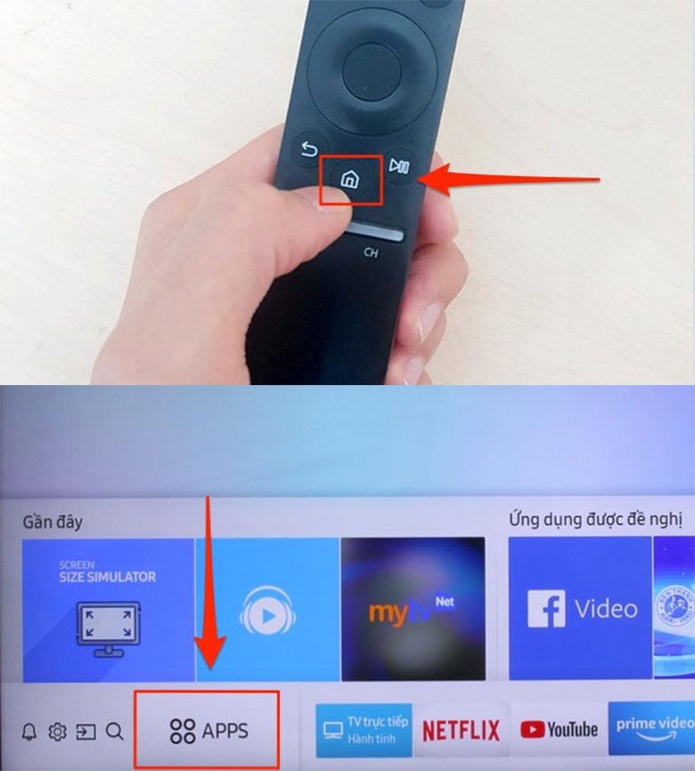 Chọn biểu tượng "Hình ngôi nhà" để đến giao diện chính của tivi, chọn "APPS"