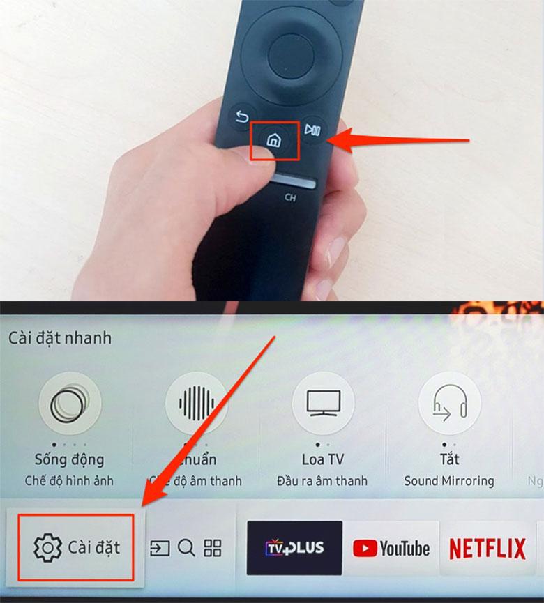 Chọn biểu tượng "Hình ngôi nhà" để đến giao diện chính của tivi, chọn "Cài đặt"