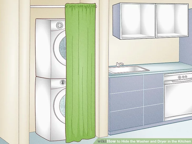 Treo một tấm rèm để che giấu máy giặt và máy sấy