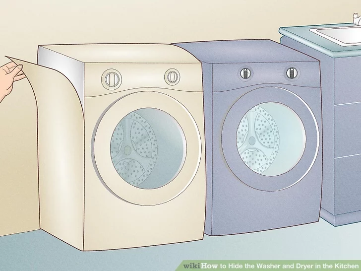 Dán lớp phủ nhựa vinyl lên 2 thiết bị - cách giấu máy giặt và máy sấy trong bếp
