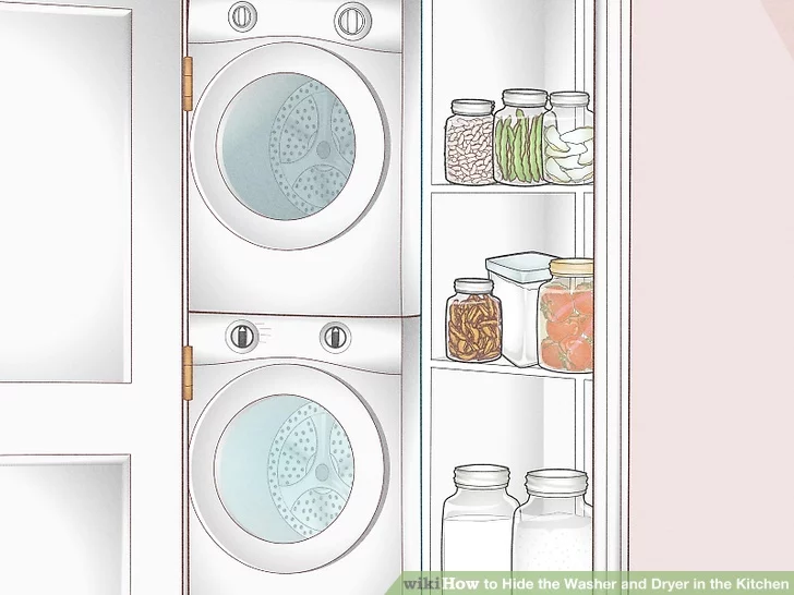 Đặt máy giặt và máy sấy xếp chồng lên nhau trong tủ đựng thức ăn lớn